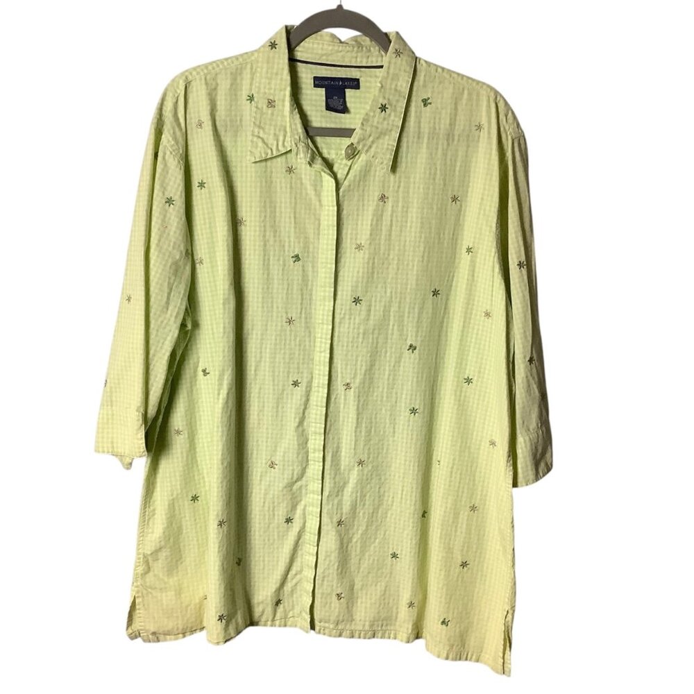 Vtg Mountain Lake Womens 2X Green Gingham Floral Embroidered Button-Up Shirt Top